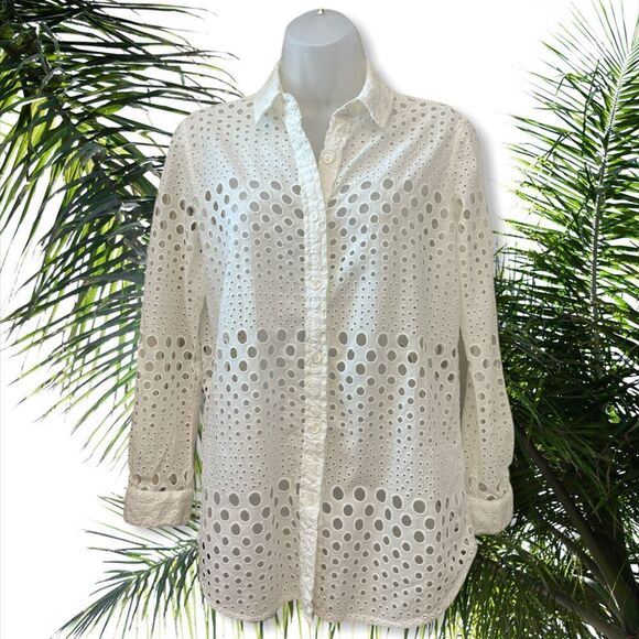 Michael Kors Long Sleeve Eyelet White Button Down Shirt - Size P/S - White - Picture 1 of 5